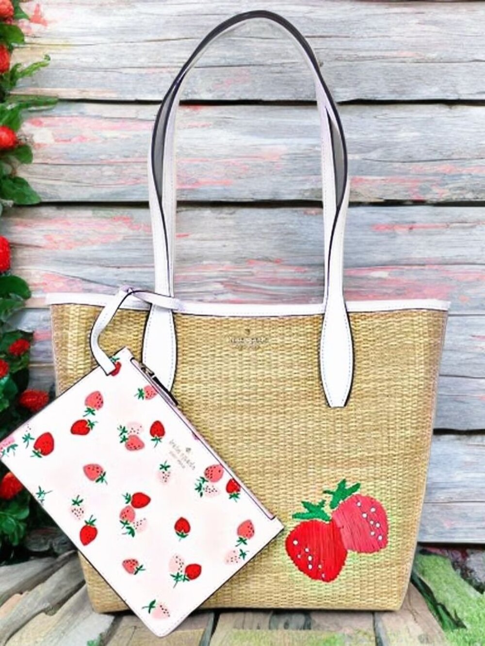 Kate Spade Picnic In The Park Tote Shoulder Bag Woven Straw Strawberry Wristlet